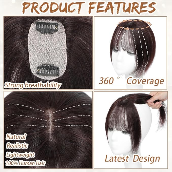 Amchoice Hair Toppers for Women Real Human Hair, Bangs Hair Clip 360° 3D Cover Bangs, Human Hair Toppers for Women Daily(Chestnut, 3D Wispy Bangss (5 * 9))