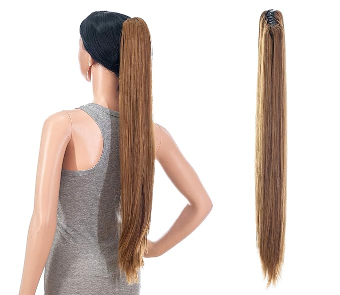 SWACC 28-Inch Long Straight Claw Clip Ponytail Extensions Synthetic Hair Extensions Ponytail Jaw Clip Hair Pieces for Women (Strawberry Blonde-27#)
