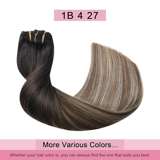 Pro2.0 Clip in Hair Extensions Real Human Hair 120g Thick 7pcs #1b/4/27 Natural Black to Chocolate Brown and Caramel Blonde Remy Real Human Hair Extensions Clip ins 14inch（#1b/4/27-14inch）