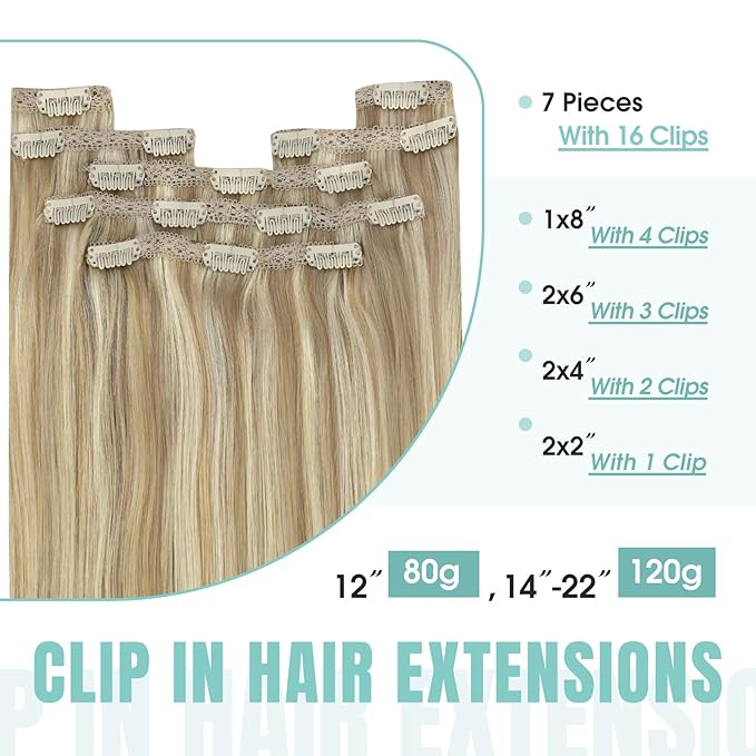 YoungSee Blonde Clip in Hair Extensions Highlighs Honey Blonde Human Hair Clip in Extensions Strawberry Blond Highlights Real Human Hair Extensions Clip ins 22inch 120g