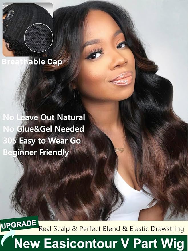 KLAIYI Ombre Brown V Part Wig Body Wave Human Hair Upgrade U Part Wig with Dark Roots Glueless Chestnut Brown Clip in Half Wig No Glue No Leave Out Beginner Wigs for Women Wear and Go Wig 150% 24Inch