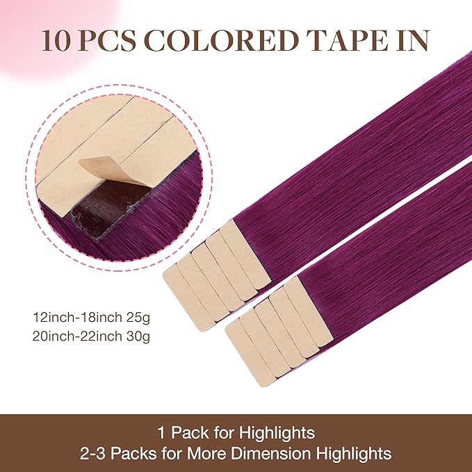 GOO GOO Tape in Hair Extensions Human Hair, Violet, 18inch 25g 10pcs, Colored Tape ins Human Hair Extensions, Silky&Soft Invisible Tape Ins, Hair Highlighted for Party