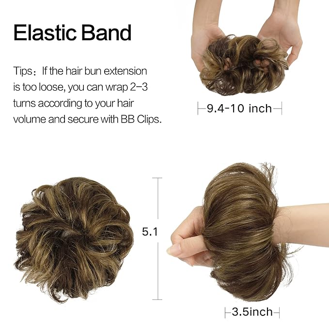 FESHFEN Human Messy Buns - 100% Human Hair Bun Real Scrunchies Hair Pieces Ponytail Extensions Wavy Tousled Updo Chignon Hairpieces for Women, Brown Mixed Blonde