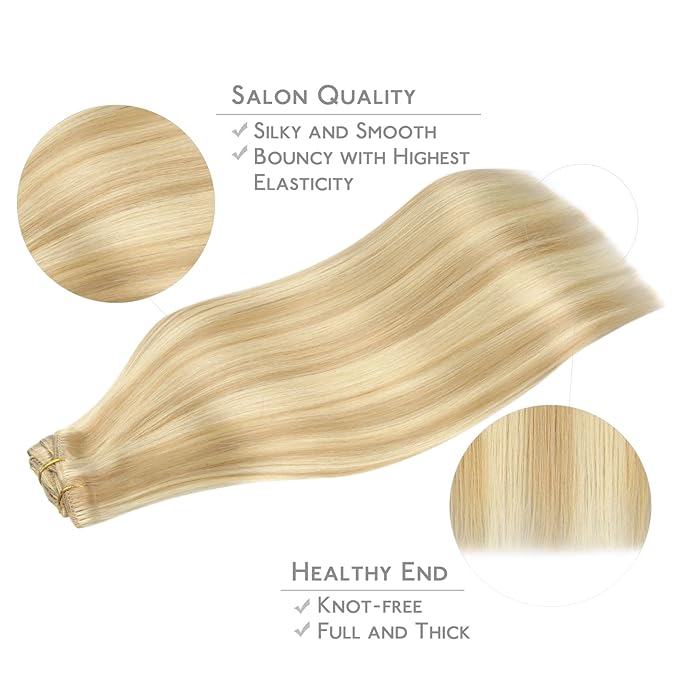 WENNALIFE Clip in Human Hair Extensions, 18 Inch 120g 7pcs Light Blonde Highlighted Golden Blonde Remy Hair Double Weft