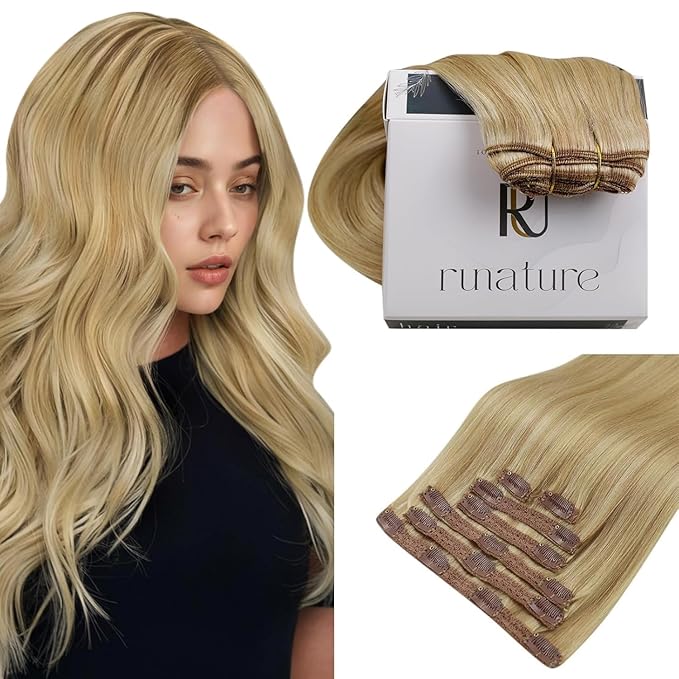 RUNATURE Blonde Clip in Hair Extensions, Real Human Hair Clip in Extensions, Short Hair Extensions Clip Ins, Double Weft Remy Natural Hair, 12 Inch 80g 7pcs, #16P24 Golden Blonde Highlights