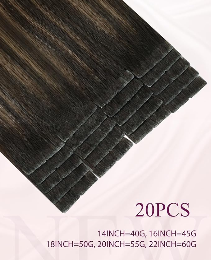 Pinkpearl Invisible Tape in Hair Extensions Human Hair, 20pcs 20inch 55g #2/6/18 Balayage Dark Brown to Chestnut Brown and Ash Blonde Injection Tape in Extensions Real Remy Human Hair Injected
