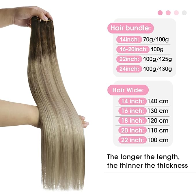 YoungSee Weft Hair Extensions Human Hair Ombre Blonde Sew in Extensions Balayage Human Hair Extensions Sew in Brown Ombre Golden Blond Mix Platinum Blonde Dyable Remy Hair 20Inch 100G