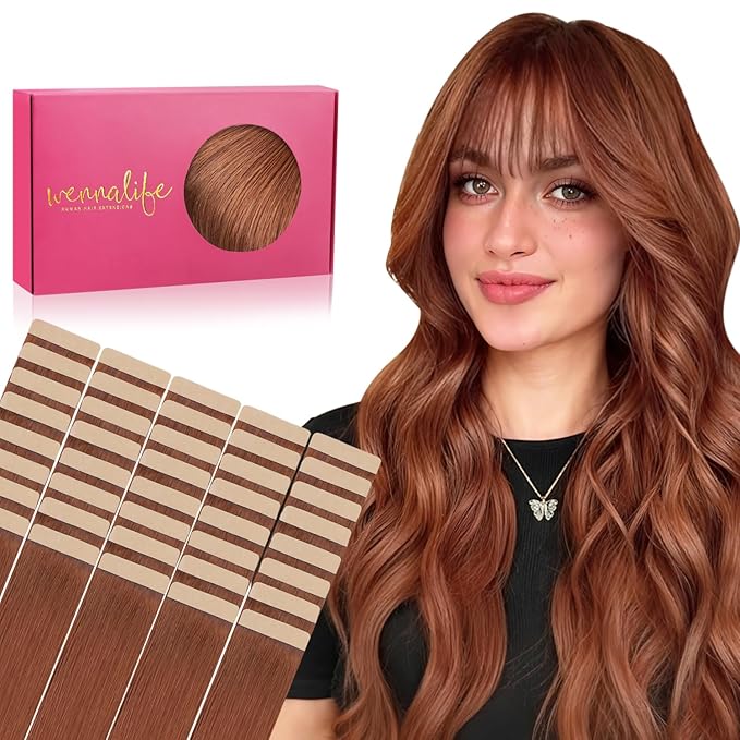WENNALIFE Tape in Hair Extensions Human Hair, 40pcs 100g 16 inch Dark Auburn Copper Hair Extensions Real Human Hair Straight Tape in Extensions Invisible Human Hair Extensions Reusable Real Hair Exten