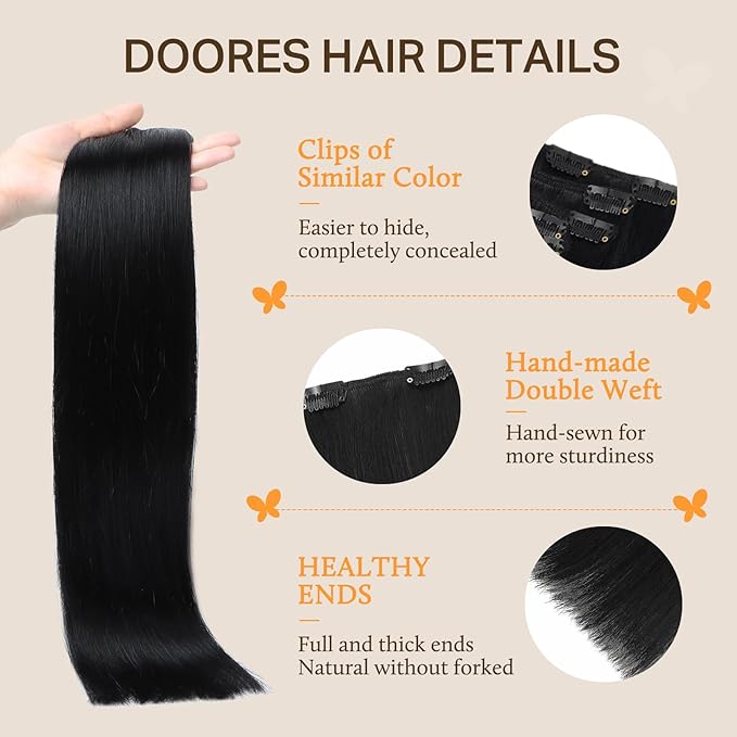 DOORES Hair Extensions Clip in Human Hair, Natural Black 150g 9pcs 20 Inch, Real Thick Remy Weft for Women Straight Silky Weft