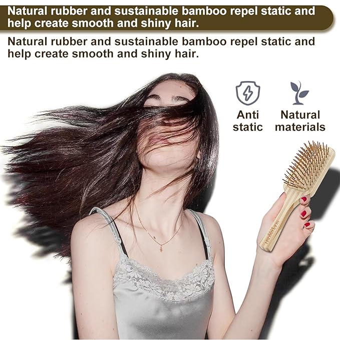 Hair Brush Set for Women & Men, Natural Bamboo Bristles Wet Dry Flat Paddle Detangling Bamboo Brushes Fit All Types Hair, Brush Cleaner Tool included - 3 Pack