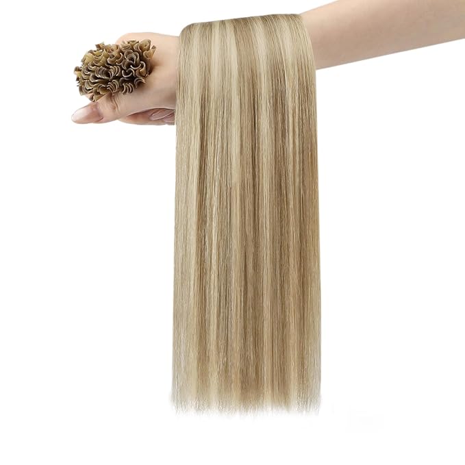YoungSee U Tip Hair Extensions Human Hair Highlight Golden Blonde and Medium Blonde Ktips Hair Extensions Real Hair 18 Inch U Tips Human Hair Extension Straight K Tip Extension Add Volume 1G/S 50G