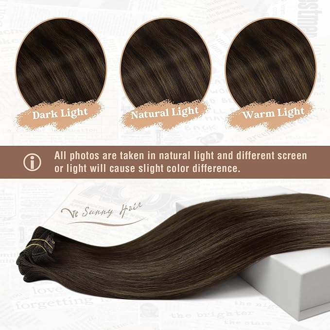 Ve Sunny Clip in Hair Extensions Dark Brown Balayage Medium Brown Remy Hair Extensions Real Human Hair for Women Thickness 16inch 100g 7pcs