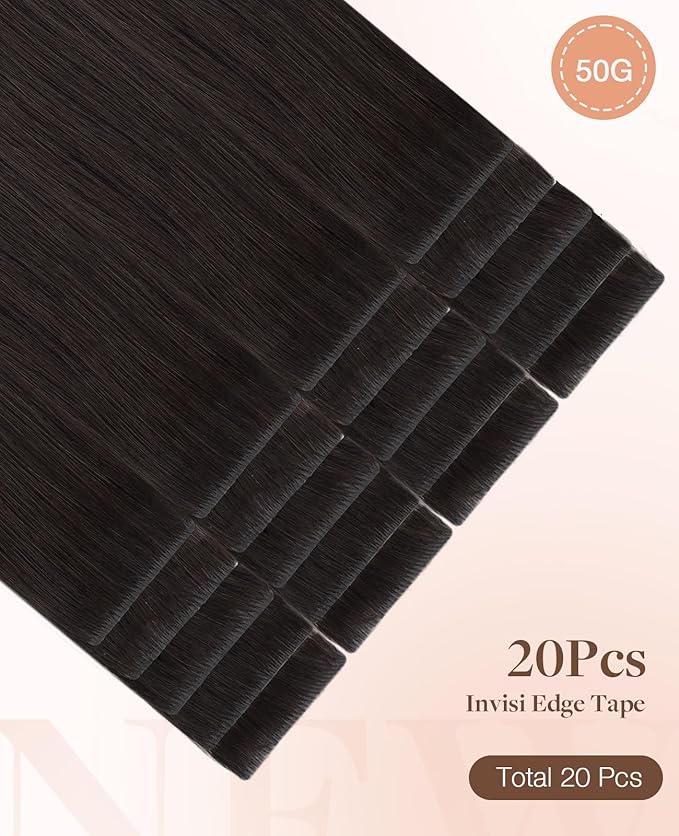 GOO GOO Invisi edge Tape in Hair Extensions Human Hair, 2 Dark Brown 20pcs 20inch 50g, Virgin Human Hair Tape ins, Seamless Injected Tape in Hair Extensions