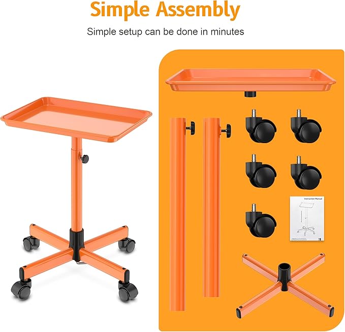Salon Tray on Wheels - Premium Aluminum Tattoo Tray Rolling Trolley - Adjustable Salon Service Rolling Tray Hairdresser Cart with Clinic Spa Rolling Tray Wheels (Orange)
