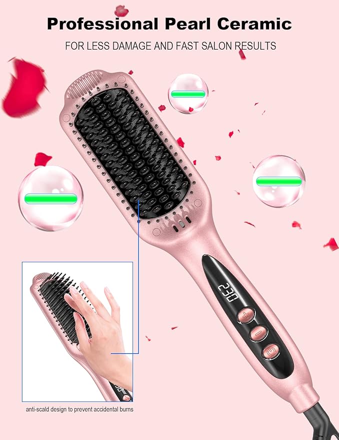 LANDOT Rose Gold Hair Straightener Brush - Elegant Gift for Women, Ionic Ceramic Straightening Brush for Smooth & Shiny Hair, Dual Voltage with 12 Adjustable Heat Settings 250°F-450°F