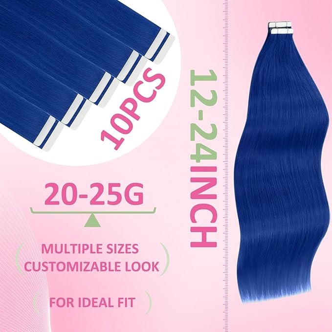 YoungSee Tape in Hair Extensions Real Human Hair Blue Invisible Tape in Human Hair Extensions Blue 18 Inch Seamless Tapes Hair-Extensions Colored 10pcs 25g Prom Night Hair Extension