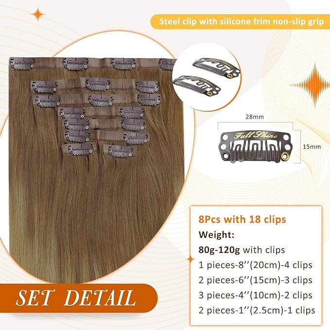 Full Shine Balayage Clip in Hair Extensions Light Brown to Blonde Clip in Human Hair Extensions PU Weft Seamless Clip ins for Women Soft Hair 18 Inch 8 PCS 120G