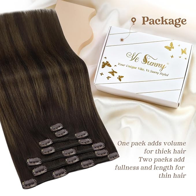 Ve Sunny Clip in Hair Extensions Dark Brown Balayage Medium Brown Real Hair Extensions Clip in Human Hair 14inch Human Hair Clip in Extensions Black Woman 100g