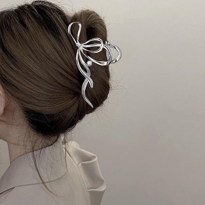 Metal Bow Hair Clips Bow Hair Claw Clips with Pearl Large Bowknot Claw Clip Strong Hold Nonslip Hair Jaw Clip for Thin Thick Hair Stylish Hair Accessories for Women Silver