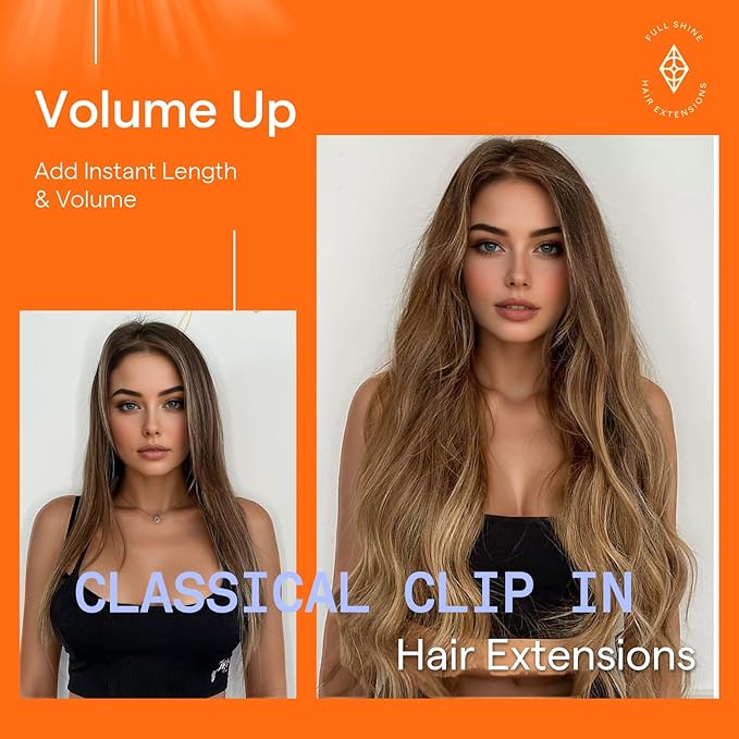 Full Shine Clip in Hair Extensions Remy Human Hair Balayage Medium Brown to Hoeny Blonde Real Hair Clip in Extensions for Wedding 7 Pcs 20 Inch 120 G