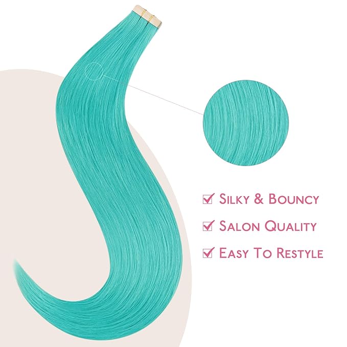 WENNALIFE Tape in Hair Extensions Human Hair Teal Green Tape in Extensions, 10pcs 25g 18 inch Remy Invisible Tape Ins Straight Colored Soft Real Human Hair Tape in Extensions Refill Set Extensions
