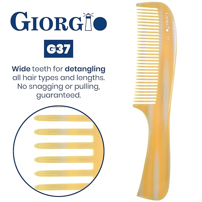 Giorgio G37 Large Coarse Hair Detangling Comb, Wide Teeth for Long Thick Curly Wavy Hair. Detangler for Wet and Dry. Handmade Rake Saw-Cut from Cellulose Hand Polished Imitation Horn