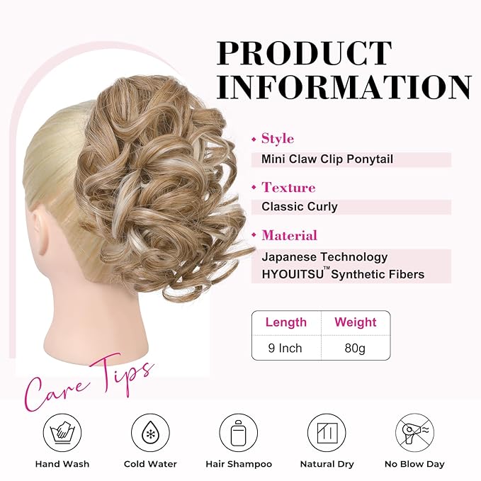 REECHO 9" Short Ponytail Extension, Classic Loose Curly Wavy Claw Clip Pony tails Hair Extensions HP001 Hairpieces for Women - Honey Blonde with Highlights