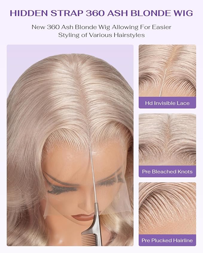 Hidden Strap Milk Tea Ash Blonde Wig Human Hair Body Wave 360 Lace Front Wig Human Hair Ombre Glueless Wigs Pre Bleached Bleached Knots 180% Density Drawstring HD Full Lace Wigs 26Inch