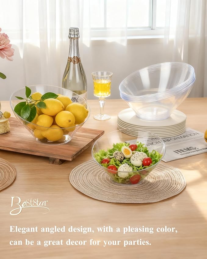 BESTSTAR Clear Plastic Serving Bowls 8 Pack 54 OZ– Angled Disposable Party Bowls for Chips, Salad, Fruit & Candy – Heavy Duty Clear Serving Bowls for Parties, Buffet, Catering, Wedding, Daily Use