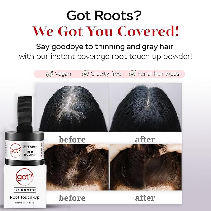 Got? Roots - Root Touch Up Hair Color, Brow, Beard, Hairline & Bald Spot Concealing Powder - Gray Root Coverage for Women & Men - 0.14 OZ Tub (Black, Pack of 1)