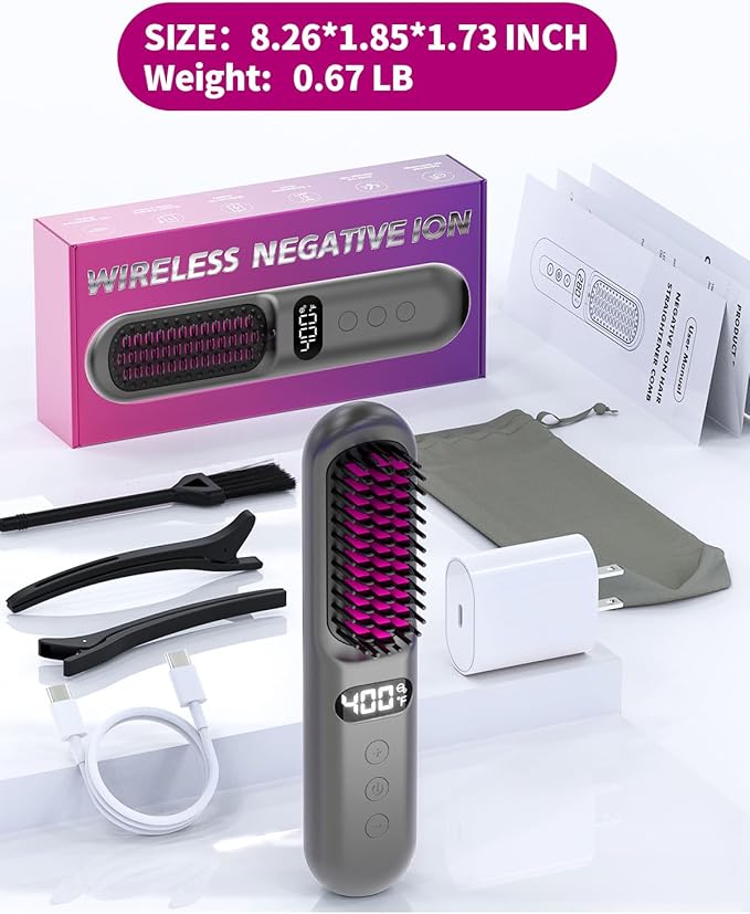 YFG Cordless Hair Straightener Brush, 10000mAh Rechargeable Battery, Ionic Thermal Wireless Hair Straightening Comb (Grey)