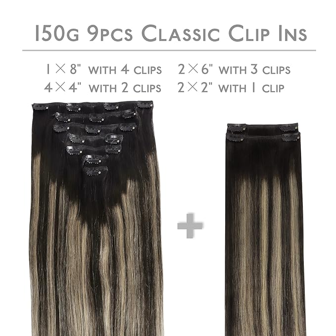 WENNALIFE Clip in Hair Extensions Real Human Hair, 14 Inch 150g 9pcs Balayage Natural Black to Light Blonde Remy Hair Thicker Double Weft Extensiones De Cabello Humano Con Clip Ins Straight Full