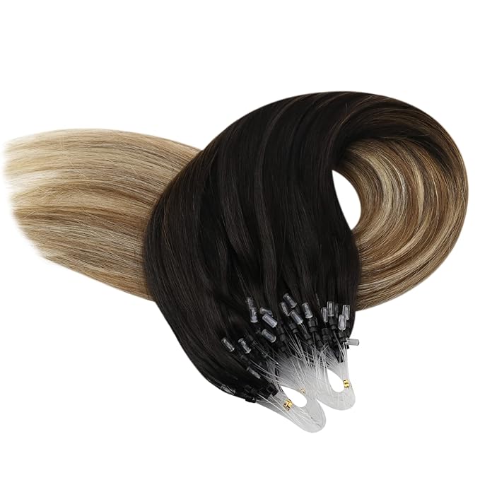 YoungSee Micro Bead Hair Extensions Real Human Hair Balayage Microbead Hair Extensions Dark Brown Ombre Medium Browns with Blonde Beaded Hair Extension 22In Pre Bonded Hair Extension 50g 50s