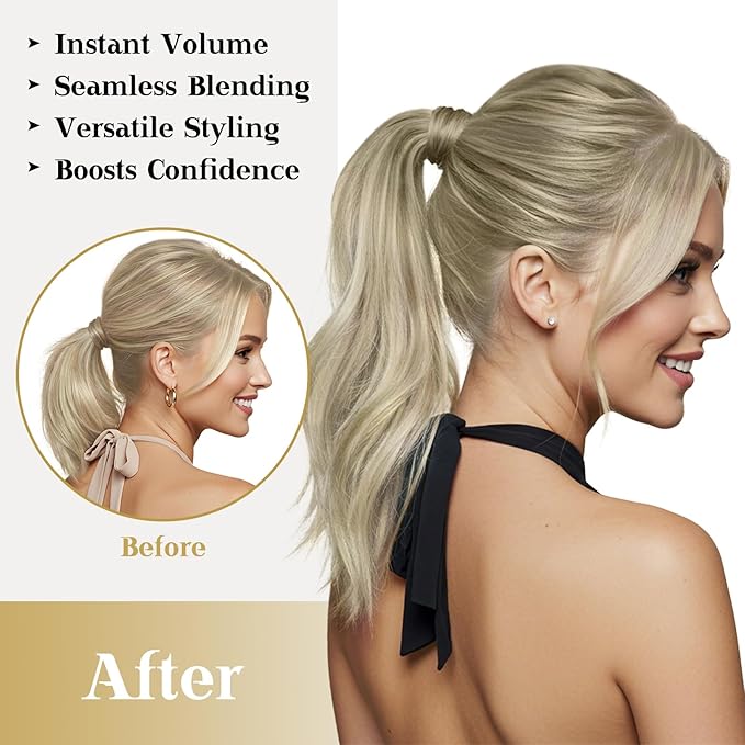 Ve Sunny Hair Extensions Ponytail Real Human Hair Wrap Around Clip in Ponytail Hair Extensions Straight Extensions Human Hair for Women Ash Grey Balayage Platinum Blonde 16inch 80G