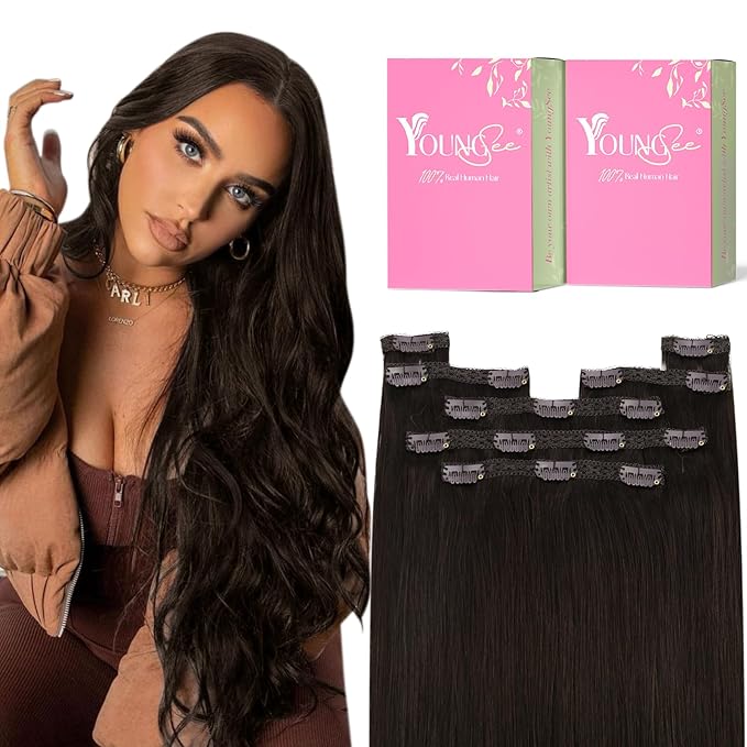 YoungSee Brown Clip in Human Hair Extensions Darkest Brown Clip on Hair Extensions Human Hair Dark Hair Extensions Clip ins for Natural Look 18Inch 120G 7Pcs