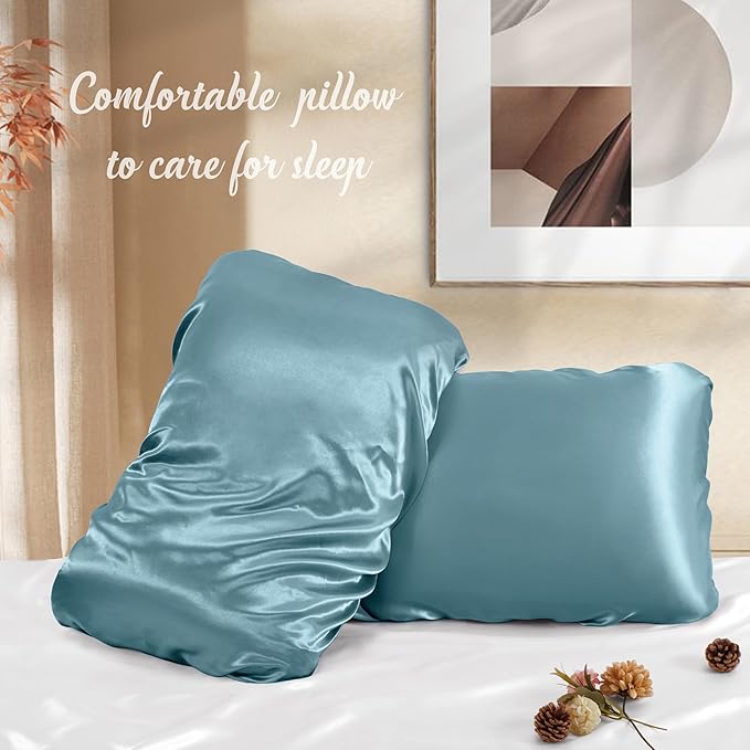 Manyshofu Satin Pillowcases for Hair Protection - 2Pcs Blue Pillow Cases, Elastic Band Standard & Queen Satin Pillowcases Luxury Silky Pillow Cases Travel Pillow Covers