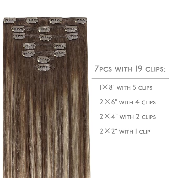 WENNALIFE Clip in Hair Extensions Real Human Hair, 20 Inch 120g 7pcs Balayage Chocolate Brown to Honey Blonde Remy Hair Double Weft Straight Natural Extensiones De Cabello Humano Con Clip Ins