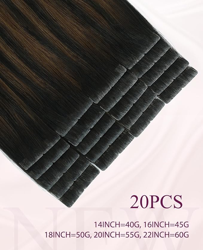 Pinkpearl Invisible Tape in Hair Extensions Human Hair, 20pcs 18inch 50g #1B/4/27 Balayage Natural Black to Chocolate Brown and Caramel Blonde Injection Tape in Extensions Remy Human Hair Injected