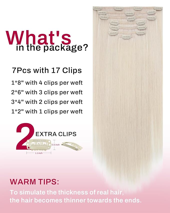 Moresoo Clip in Extensions Real Human Hair White Blonde Hair Extensions Clip ins Blonde Remy Human Hair Double Weft for Women Straight 120g/7pcs 16 inch