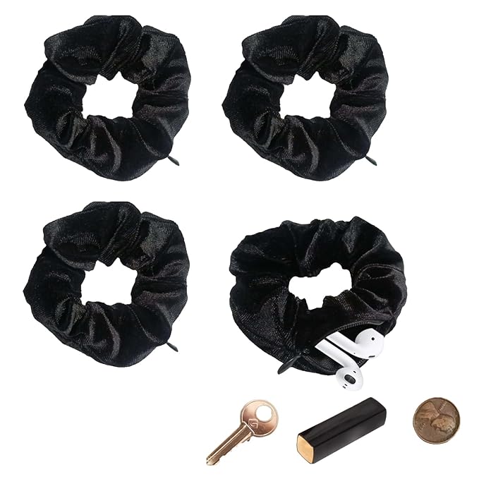 Velvet Scrunchie with Zipper Pocket for Women - Hair Tie with Hidden Storage Compartment for Cash, Lipstick, Keys & Valuables | Hidden Compartment Items for Travel (Black, 4PCS)
