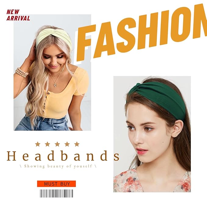 Tobeffect Headbands for Women Non Slip Turban Head Band Boho Elastic Hair Bands for Teen Girls Fashion Wraps Accessories Solid Color, 8 pack
