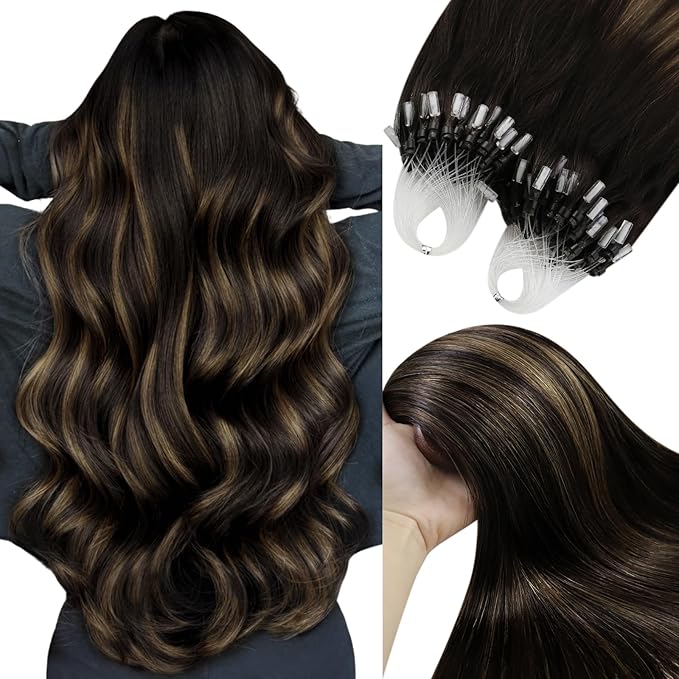 YoungSee Micro Link Hair Extensions Human Hair Brown Micro Bead Hair Extensions Real Human Hair Balayage Dark Brown with Browns Micro Human Hair Extension 16 Inch Ombre Microring Extension 50g 50s