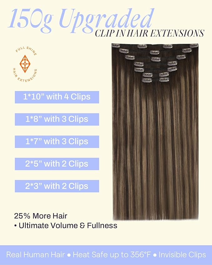 Full Shine Thick Human Hair Clip in Extensions 22 Inch Real Hair Extensions Dark Brown To Ash Brown Hair Extensions for Fullness 7 Pcs 150 G