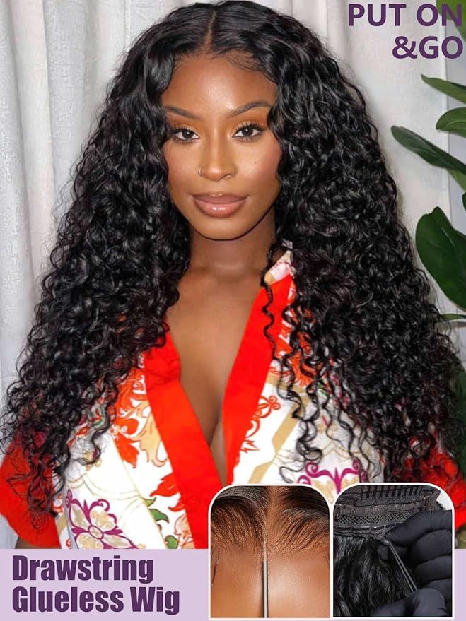 YIROO Bye Bye Knots Glueless Water Wave and Jerry Curly Drawstring Wig Human Hair, 7x5 Pre Cut Lace Front Glueless Wigs Pre Bleached Pre Plucked Wear and Go Wig for Women 150% Density 22Inch