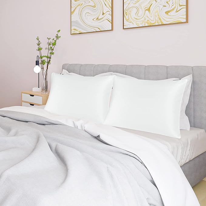 uxcell 2 Pack Silk Satin Pillowcase for Hair and Skin, Cool, Silky, Soft Breathable Pillow Cases Queen Size 20x30 Inch Sateen Pillowcase Snow White with Envelope Closure