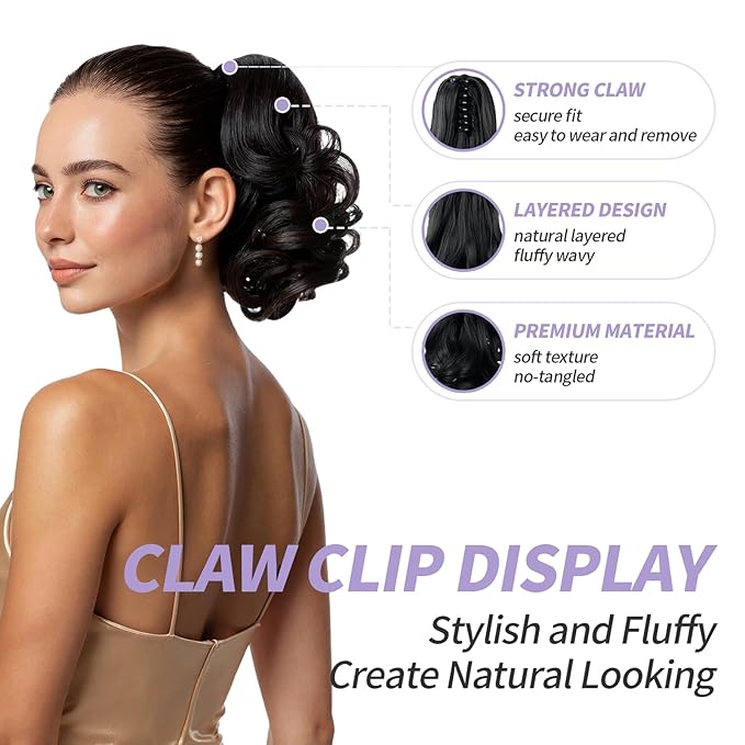 Ponytail Extension,9" Short Curly Wavy Claw Clip in Ponytails Hair Extensions Natural Soft Synthetic Hairpiece for Women - Chestnut Brown