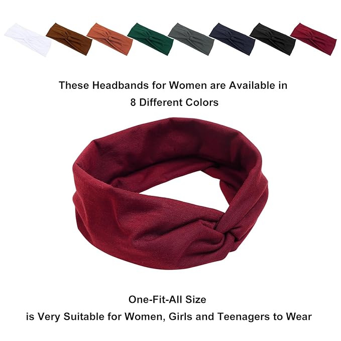 Tobeffect Turban Headbands for Women 8 Pack Non Slip Headband Boho Twisted Wide Head Band Womens Cloth Fabric Hair Wraps Accessories Black White Headbands