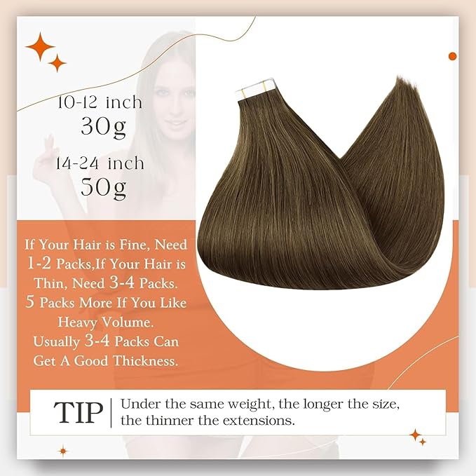 Full Shine Remy Human Tape in Hair Extensions Color 3 Brown Tape Hair Extensions Real Human Hair Tape in 24Inch Long Straight Skin Weft 100G 40Pcs Brazilian Extension for Party