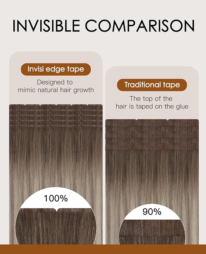 VINBAO Invisi Edge Tape in Extensions Real Human Hair 60g 20pcs Balayage Ash Brown and Blonde Mixed with Ash Blonde Seamless Injection Tape in Hair Extensions 22inch #8/60/18