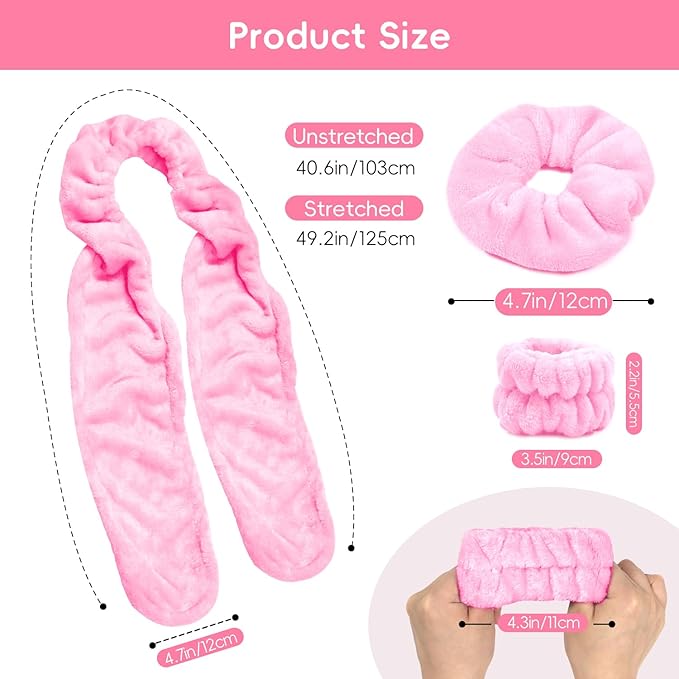 Hair Band for Washing Face, Adjustable Skincare Spa Headband and Wristband Set for Women Girl, Makeup Hair Headbands Cute Pink Versatile Fun Gift for Friend